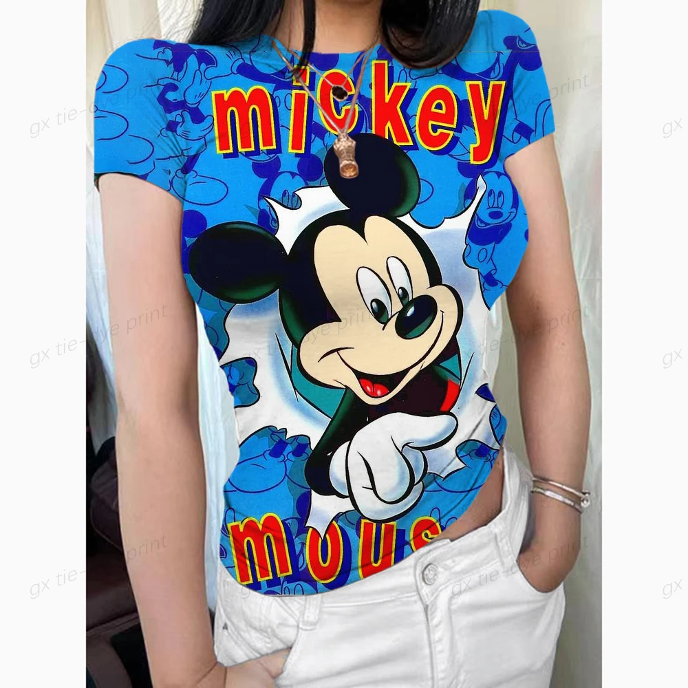 Mickey Mouse Women's Crew Neck Short Sleeve Tops Double Lined Slim Fit T Shirts Basic Tee Smoke Cloud Pro Collection