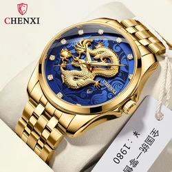 CHENXI 8220 Top Brand Men Watch Golden Dragon Quartz Watches 30M Waterproof Date Display Stainless Steel Strap Male Wristwatches