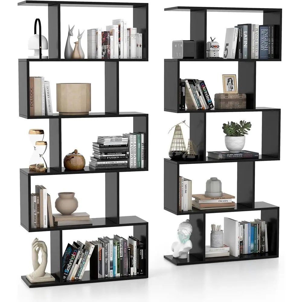 

5-Tier S-Shaped Bookcase with Anti-Toppling Feature, Room Divider, Industrial Style Wood Storage Display Shelf for Living Room o