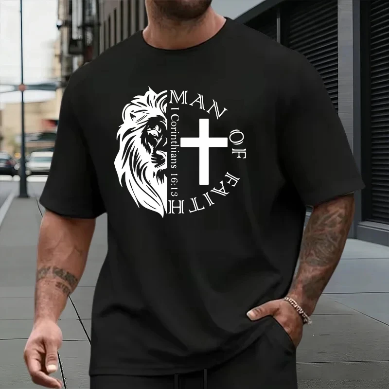 New Summer Arrival Men's Short-Sleeve T-Shirt with Lion Print Trendy Streetwear Short-Sleeve Top Breathable and Quick-Drying