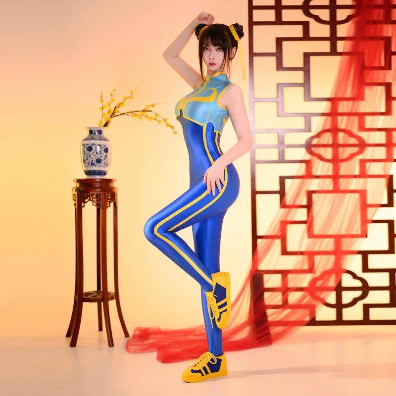new sexy wonder woman luster street fighter cosplay oily bodysuit 2 piece set Chunli tights costume