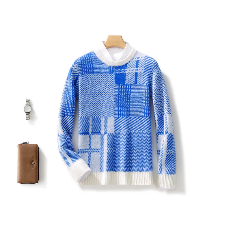 Autumn Winter 100% Merino Wool Fashion O-Neck Color-Block Striped Sweater Pullover Cashmere Long Sleeves Casual Clothing Top