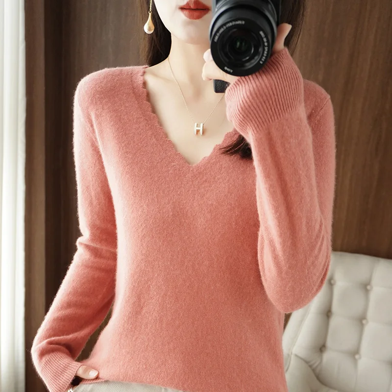 Women's Pullover Spring/Autumn Wool Sweater Casual Solid Color Knitwear Ladies' Clothes V-Neck Blouse Loose Tops