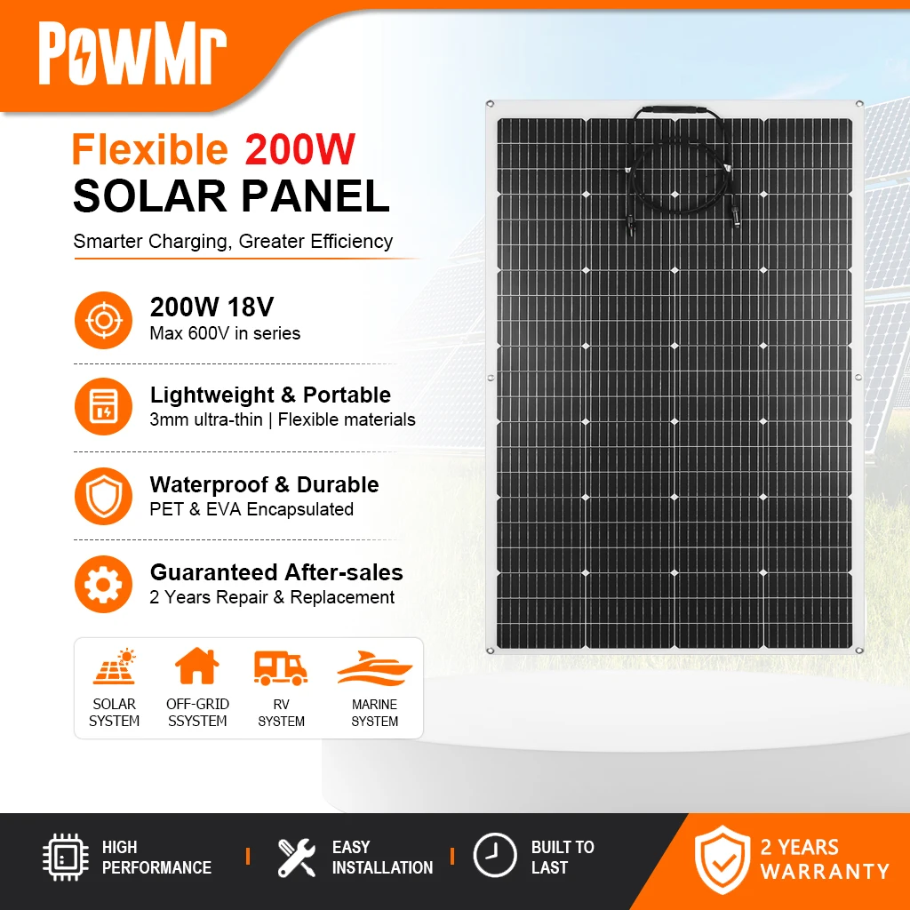 Panel Solar Flexible Monocristalino PowMr 200W hasta 600V en Serie Encapsulado PET EVA Resistente al Agua para Autocaravana Barco Sistema Solar Fuera de Red