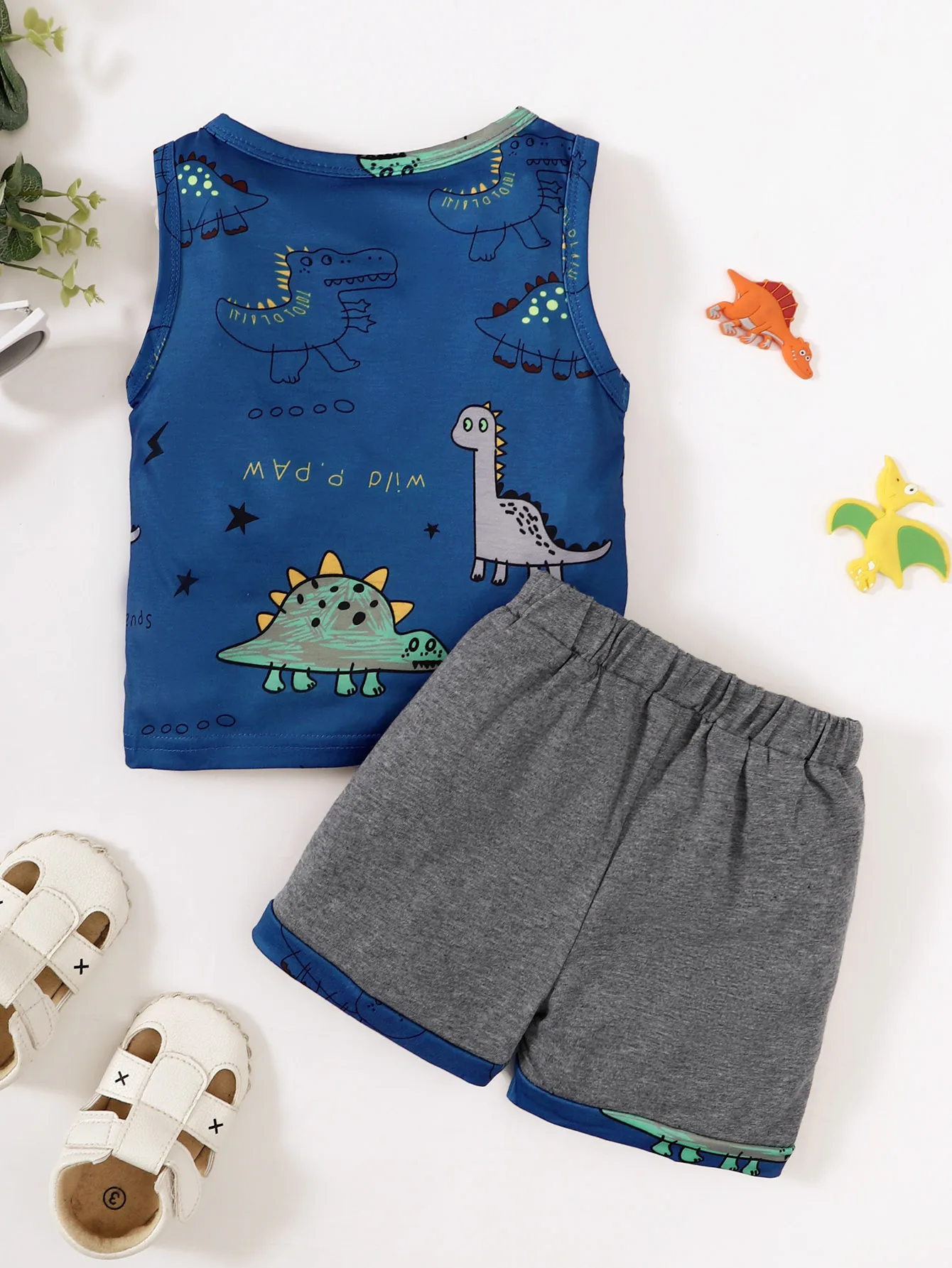 Baby Boys Vest Set Elastic Waist Gray Pocket Loose Pants Round Neck Sleeveless Cartoon Dinosaur Blue Jacket Casual Two-Piece Set