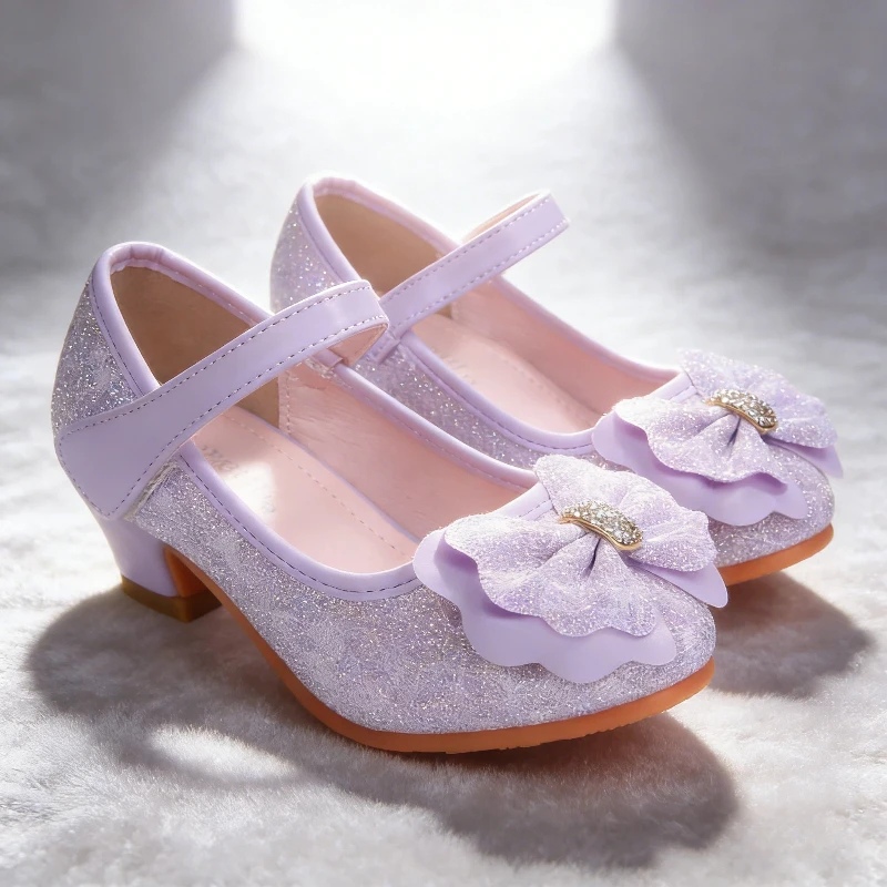 

New Lace-Textured Luxury Girls High Heels Princess Shoes for Girls Shining Snow Queen Fairy Mary Jane Kids Leather Crystal Shoe