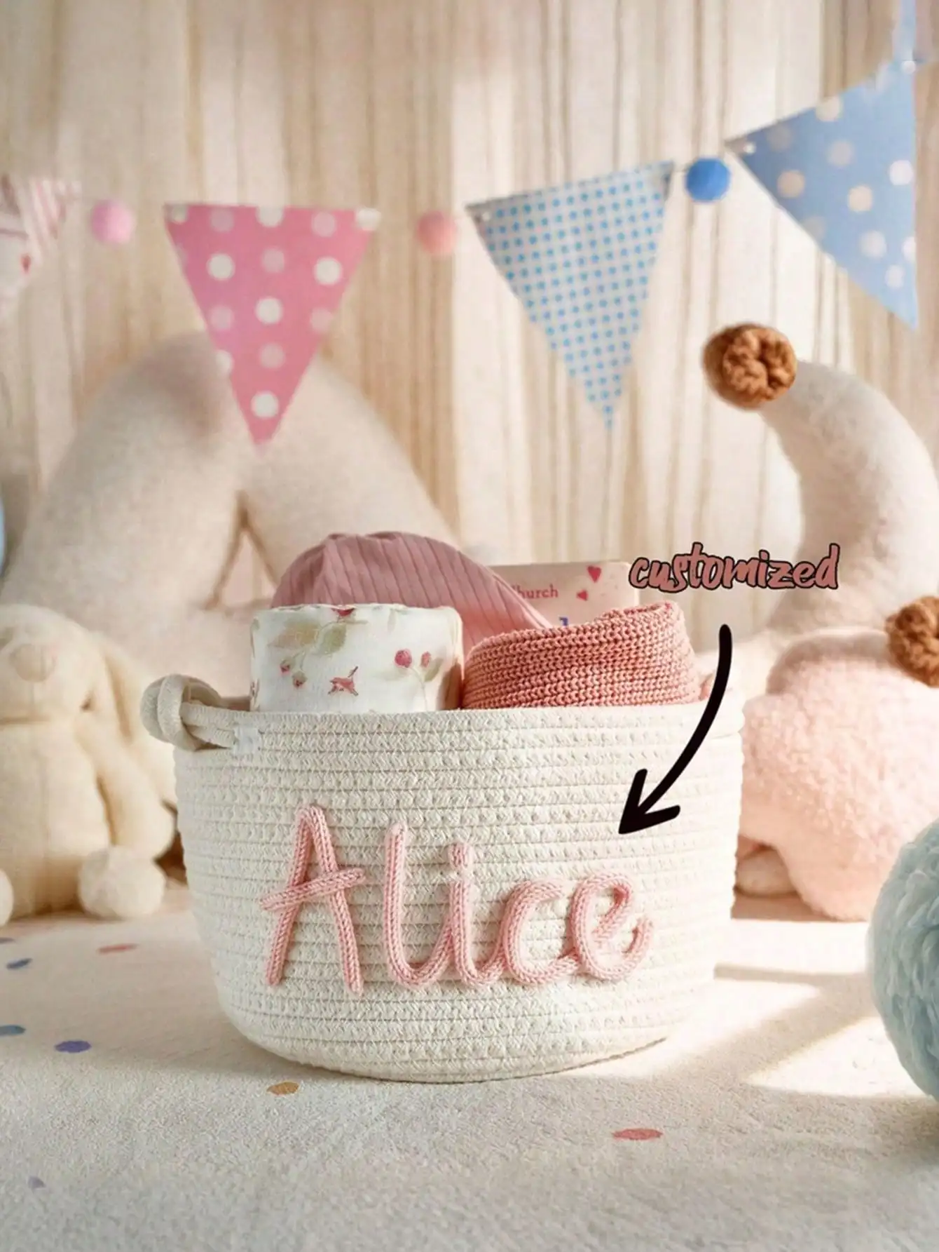 

Персонализированная однотонная тканая корзина для хранения, индивидуальное имя, тянущая ручка, домашняя и подарочная корзина