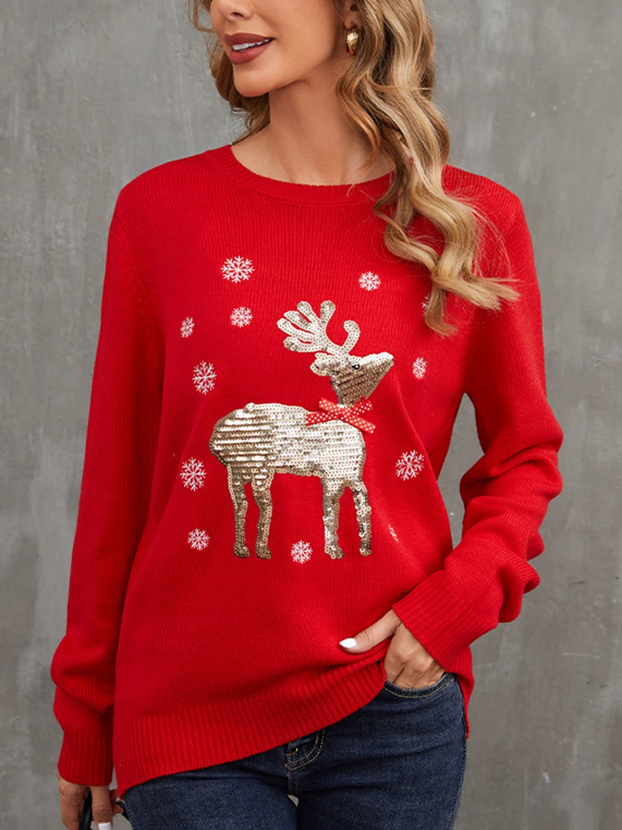 

Women's Christmas Red Black Loose Knit Sweater Sequin Elk Long Sleeve Pullover Spring Autumn Crewneck Sweater Streetwear