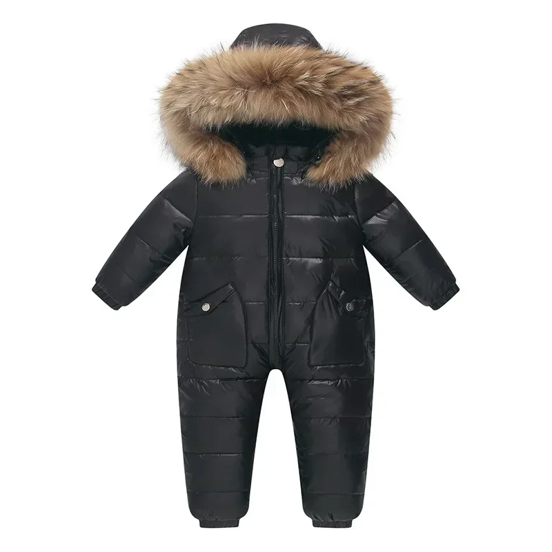 2024 Winter Kids Jumpsuit Hooded Real Raccoon Fur Children Girl Winter Overalls 1-5 Year Infant Baby Boy Romper Snowsuit