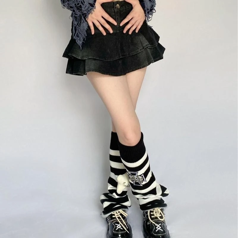 

Вязаные гетры в полоску в стиле панк, японские женские готические гетры с черепом, длинные, поэтому 15UB