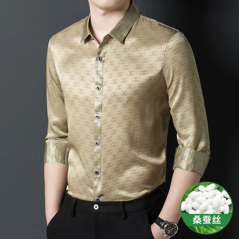 Men Clothes Silk Shirt Spring Autumn New Mulberry Silk Fashion Satin Silk Long Sleeve Shirt Men