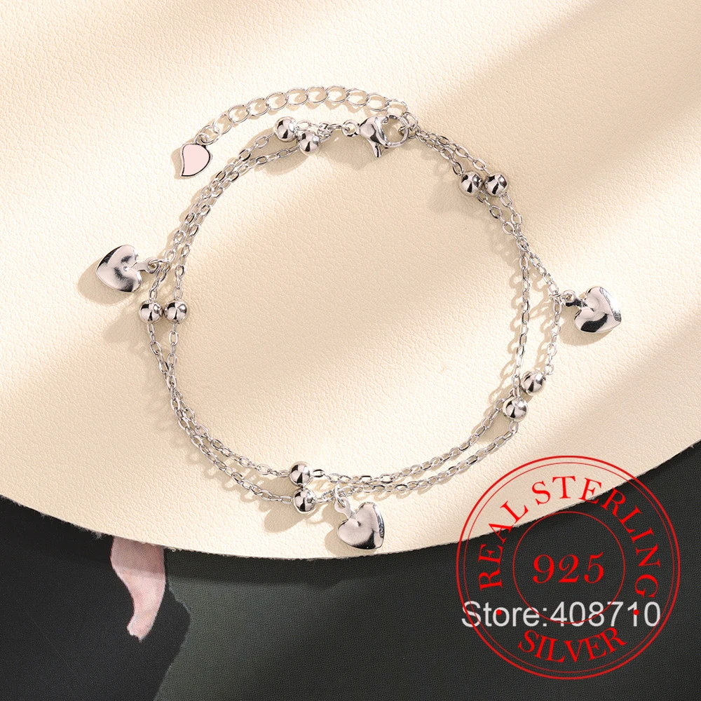 Real Money Korean 925 Sterling Silver Double-layered Love Heart Charm Bracelet For Women Girls Homme Wedding Party Jewelry Gift