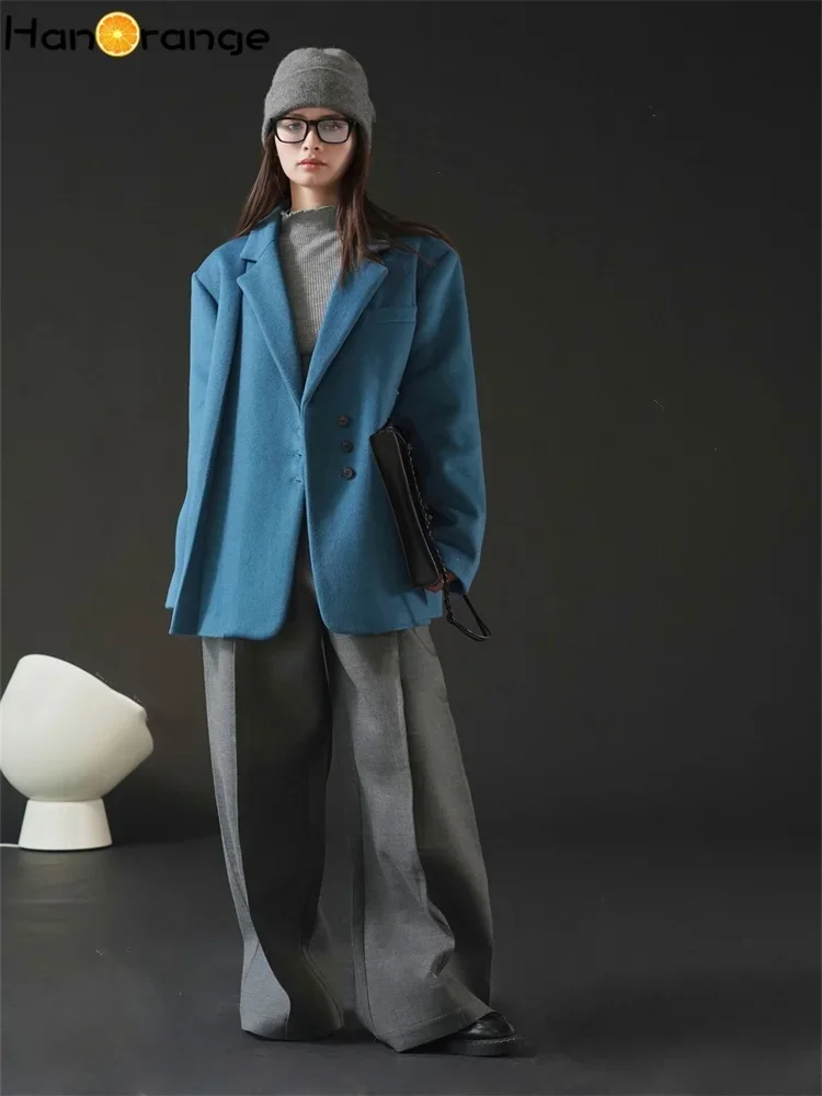 HanOrange 2024 Winter Commuter Woolen Suit Coat Women Loose Warm Casual Wool Blazer Lake Blue/Coffee