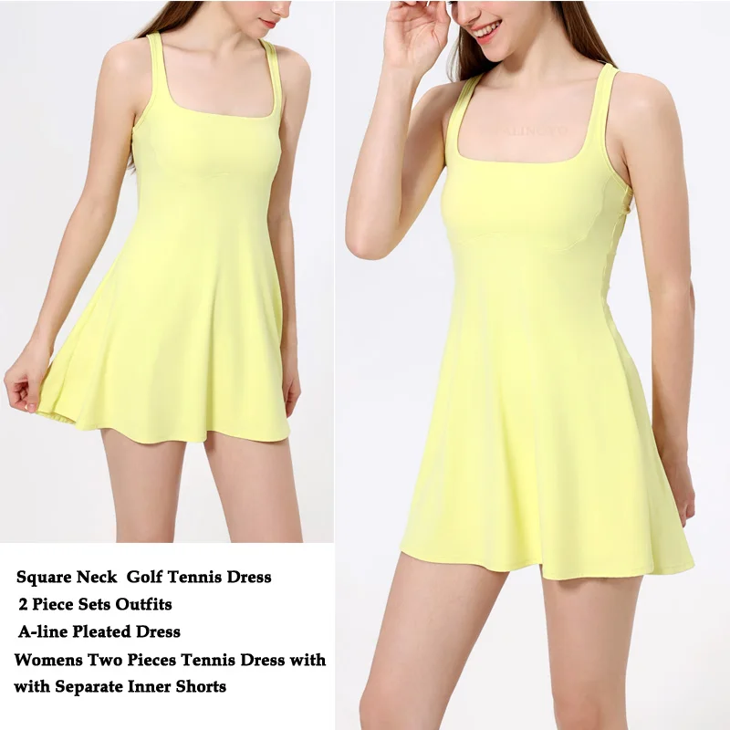 VITALINOVO Zweiteiliges Damen-Tenniskleid mit quadratischem Ausschnitt und Shorts, offener Racerback, integrierter BH, Workout, sportliche Golfkleider – Detail 4