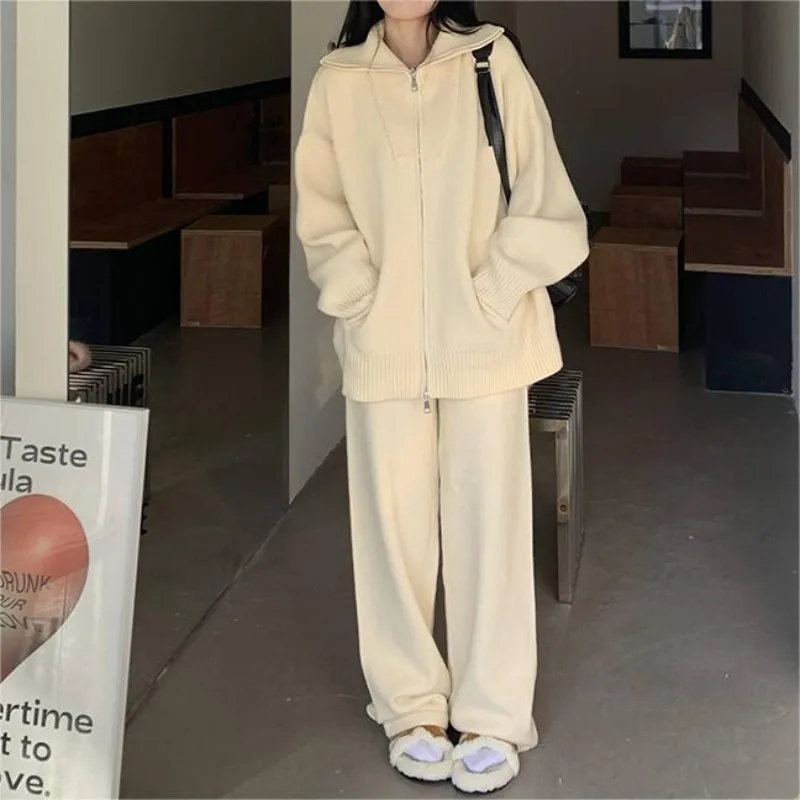 Autumn Winter Women Suit Korean Fashion Casual Pants Set Loose Zipper Knit Cardigan Sweater Jacket Baggy Knit Trouser 2pcs Set