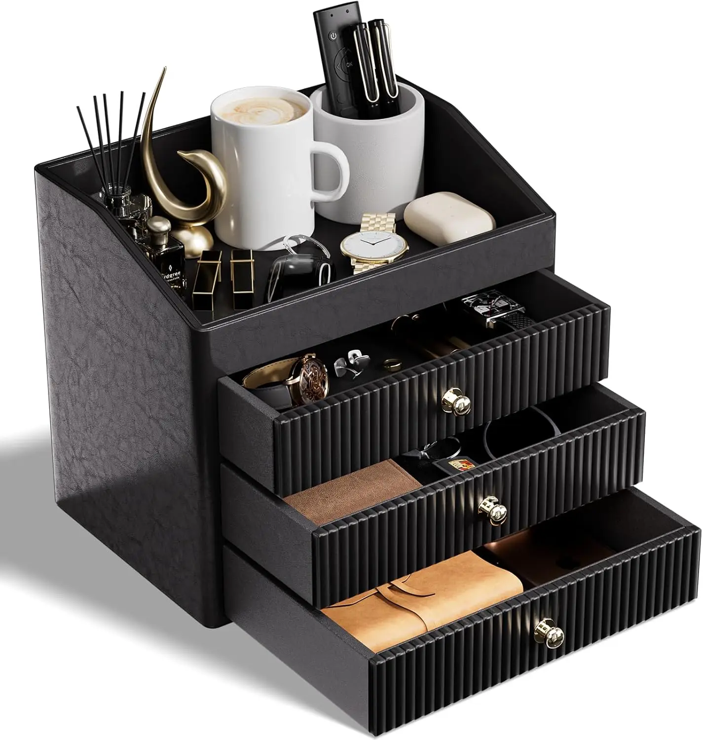 

Black Vegan Leather Desk Organizer with 3 Drawers & Tray for Bedroom, Bathroom, Lipstick, Nail Polish, Skincare