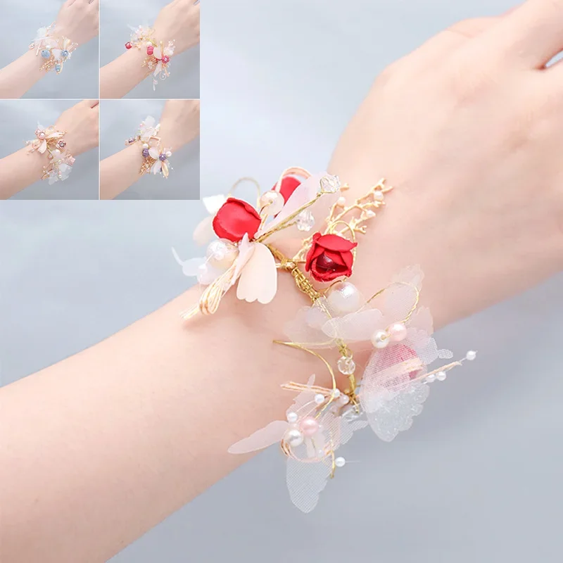 Wedding Pearl Crystal Wrist Flower Corsage Bridesmaid Hand Flowers Bracelet Bridal Marriage Prom Party Jewelry Accessories Gift