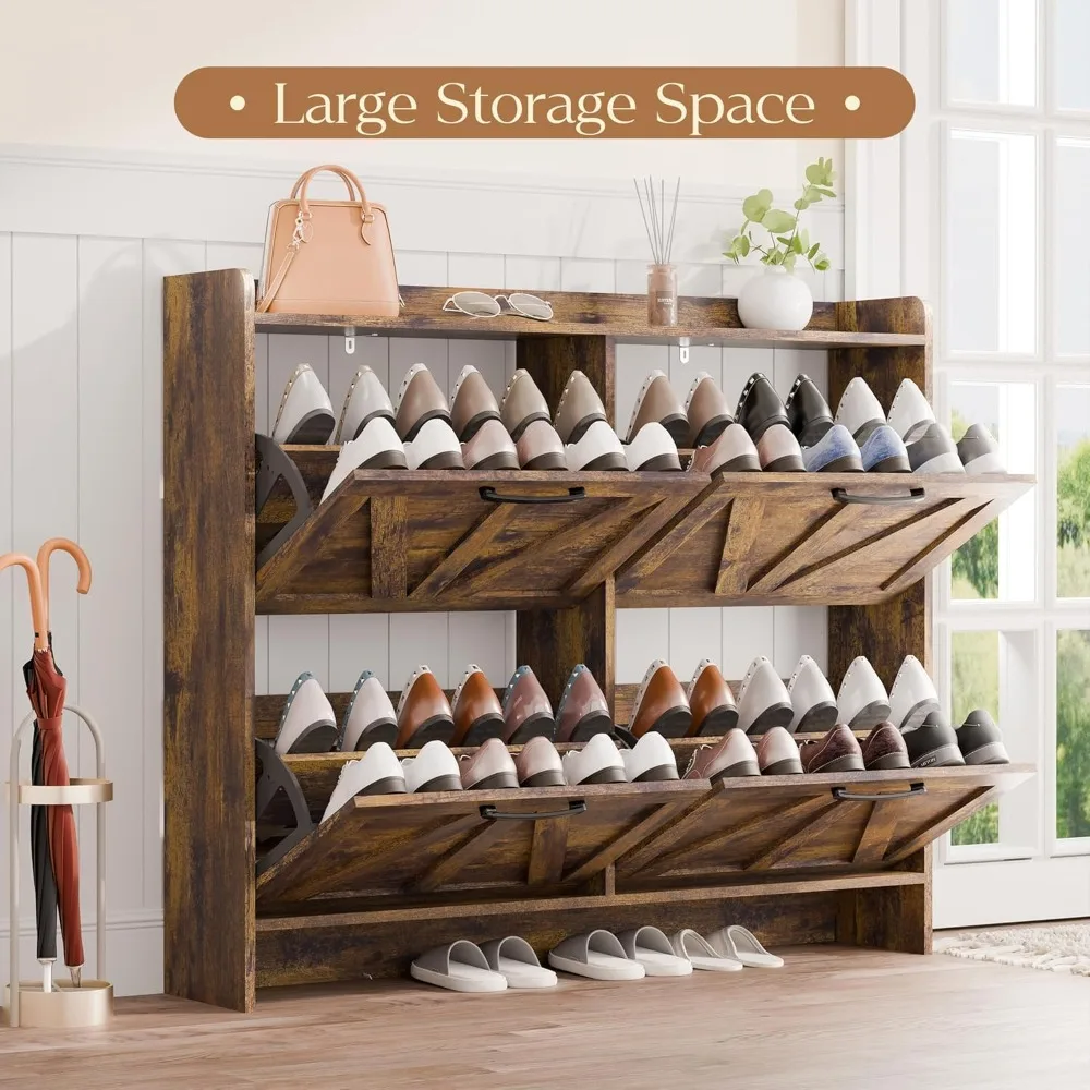 Shoe Cabinet, with 4 Flip Drawers, Freestanding Shoe Cabinet, Shoes Organizer with Wood Legs for Entryway, Slim Shoe Cabinet