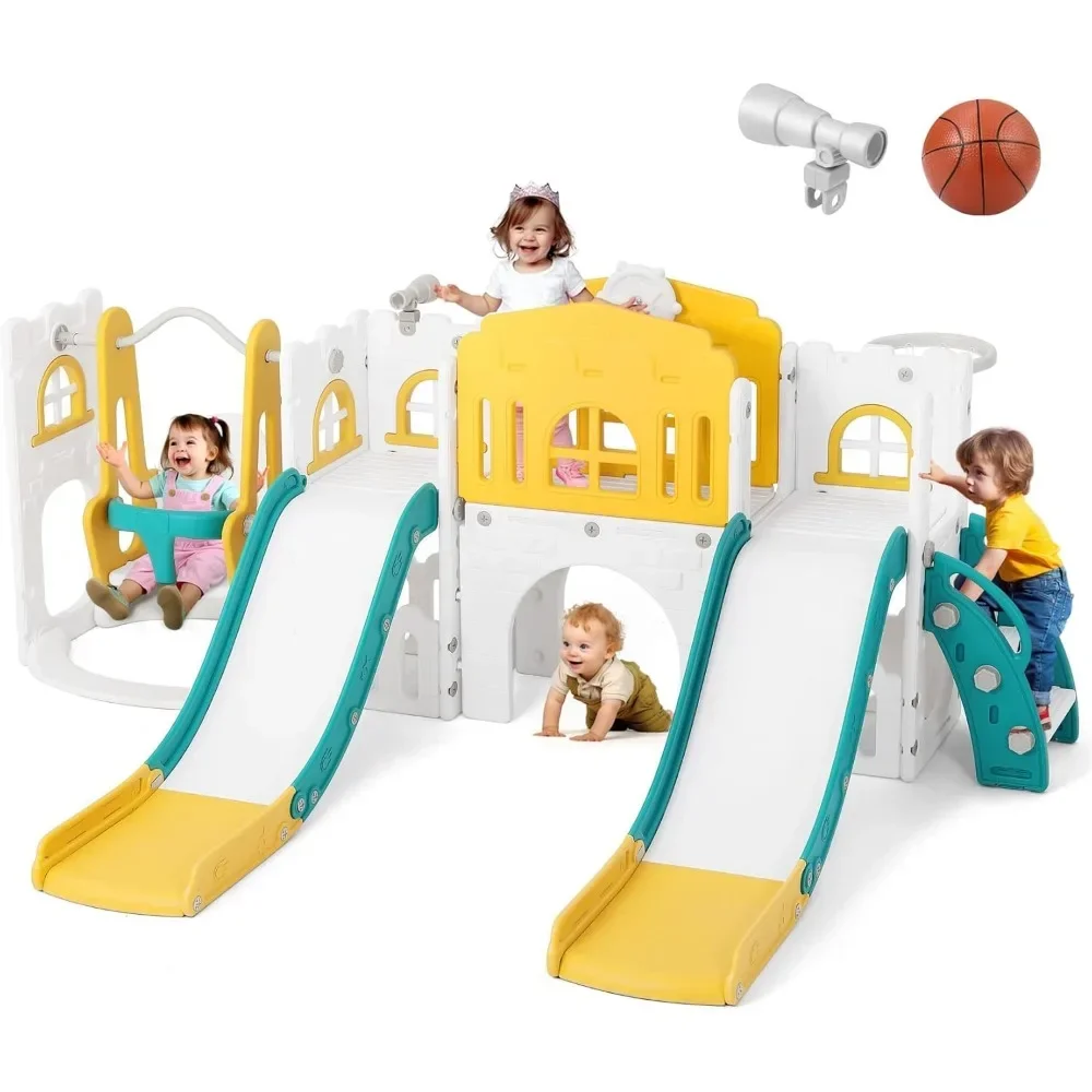 Toddler Slide, Double Climber Slide Playset w/Swing,Basketball Hoop,Indoor Outdoor Backyard Playground Toy for Toddlers