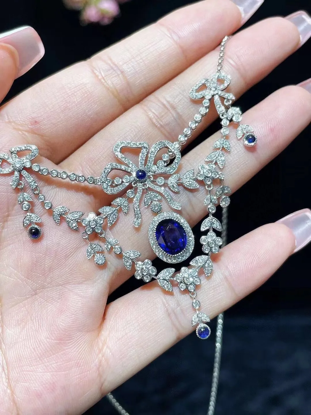 vintage palace real sapphire pendant necklace 18K white gold with diamond bowknot genuine luxury women jewelry MIYI