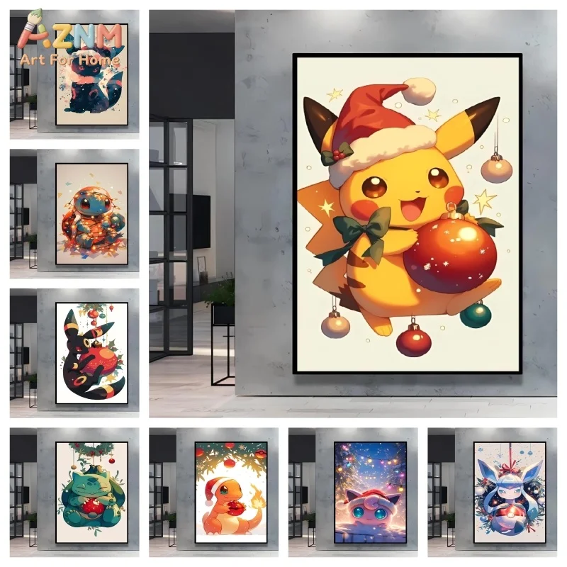 AZNM Christmas Pokemon Canvas Print Unframed Santa Pikachu Charizard Umbreon Xmas Ornament Anime Poster Kids Holiday Room Wall D