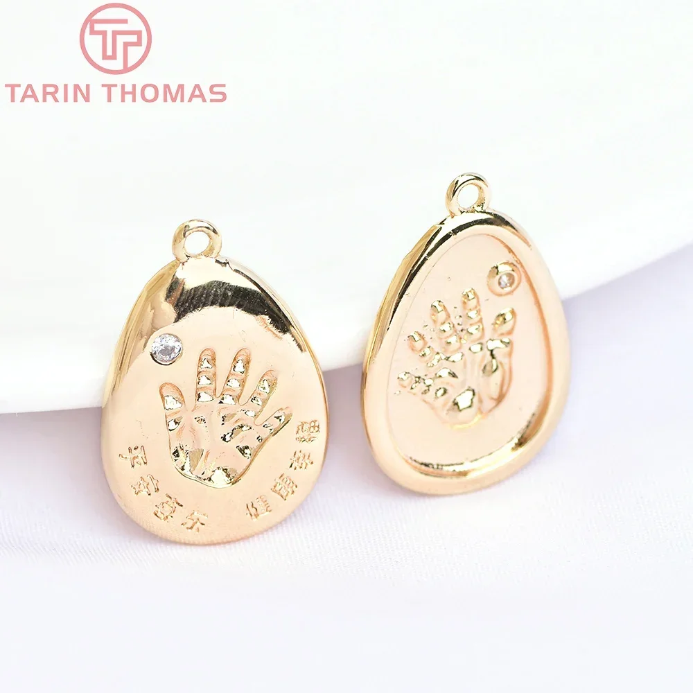 (5995) 4PCS 14x18MM 24K Gold Color Brass Palm Print with Zircon Charms Pendants High Quality Jewelry Making Findings Wholesale