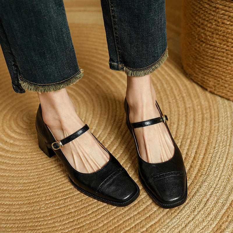 Womens Retro Shoes Spring Covered Heel Pumps Block Heel Dress Work Pumps French On-Strap Mary Jane Cow Leather Footwear