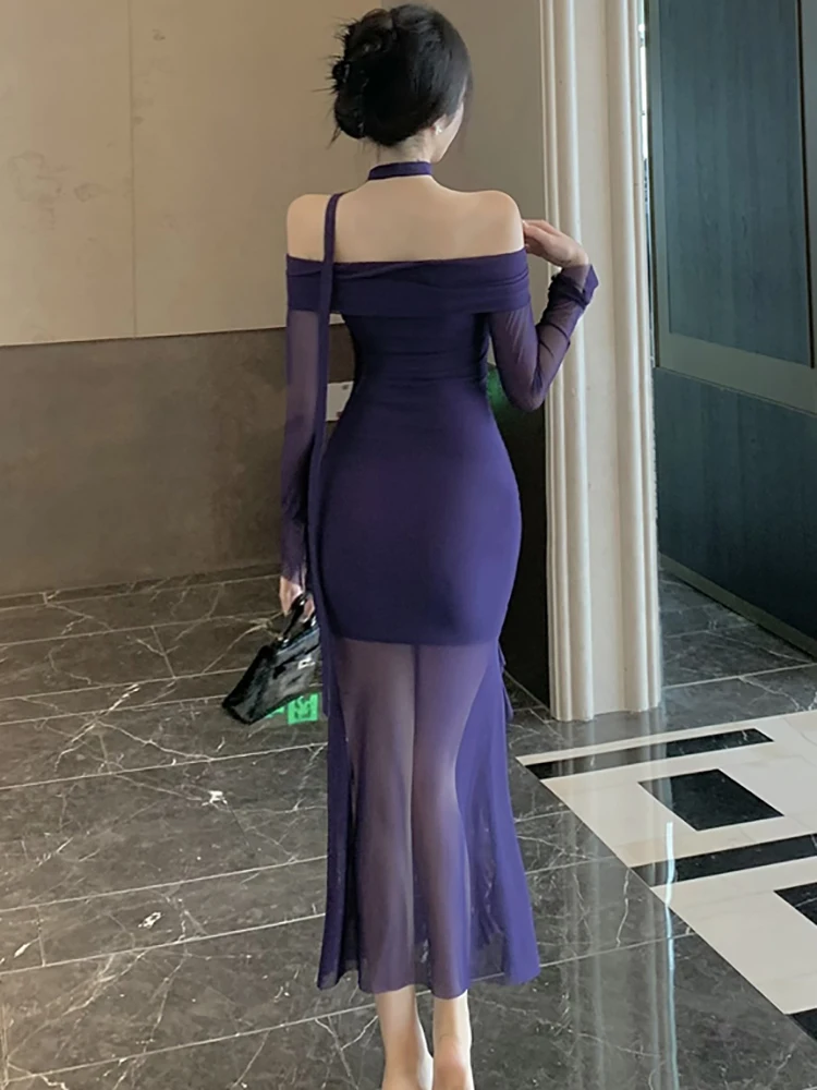 2025 Viola Maglia Patchwork Sheer Sexy Increspato Abito Lungo Donne Elegante Slash Neck Vestito Sexy Autunno Inverno Coreano Vestito Aderente