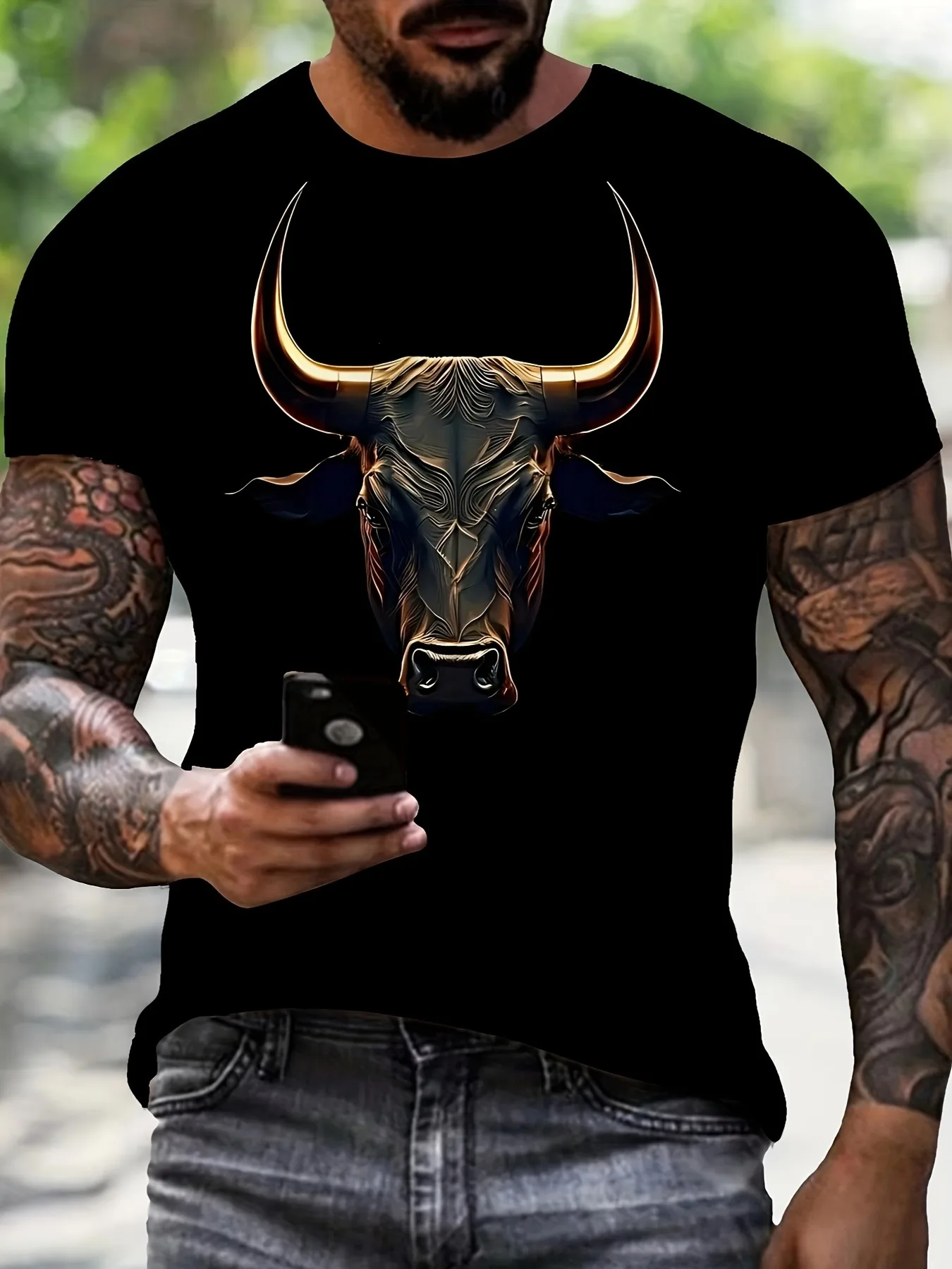 Men's 3D Printed Bull Head Graphic T-Shirt Streetwear TShirt Vivid Gold Black Design Round Neck Short Sleeve Casual Summer Shirt