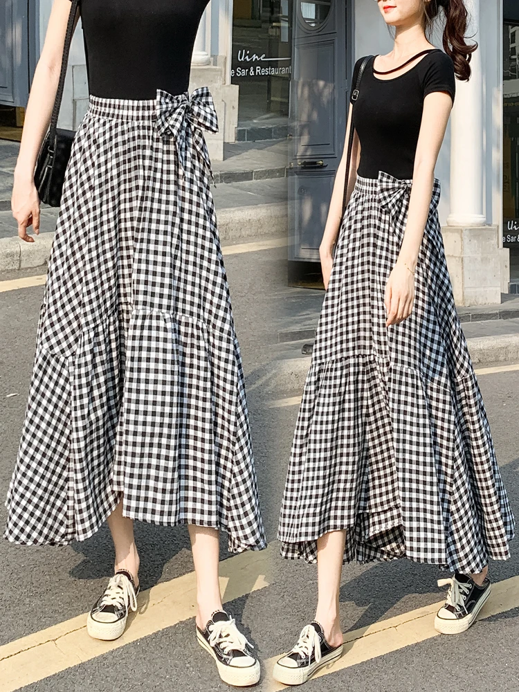 

Women Gingham Skirt with Bow Knotted Asymmetrical High Waist Checked Long Skirt Ladies Casual Outfit