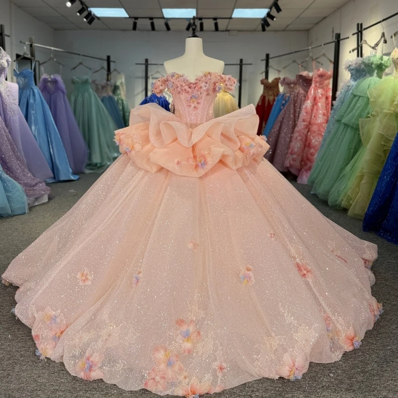

Pink Shiny Quinceanera Dresses Ball Gown Off The Shoulder Applique Flower Beading Crystal Corset Tull Party Birthday Sweet 16