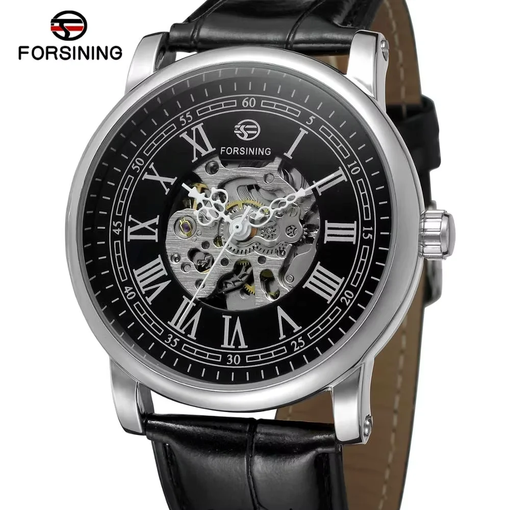 

FORSINING модные повседневные мужские и женские часы, водонепроницаемые часы с черным кожаным ремешком, автоматические механические наручные часы