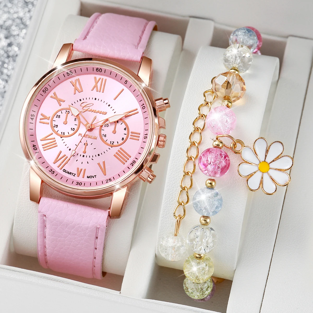 2PCS/Set Geneva Women's Watch Fashion Leather Strap Quartz Watch+Colored Beaded Bracelet Set (without box)