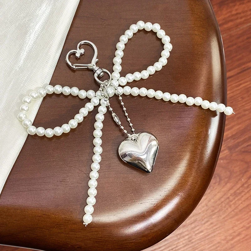 Delicate Pearl Bowknot Keychain Korean Sweet Handmade Heart Pendant Keyring Y2K Aesthetic Key Holder For Bag Pendant Accessories