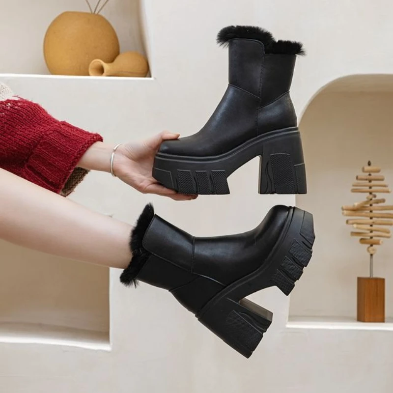 2025 New 11cm Genuine Leather Platform Wedge Chelsea Shoes Chunky Heels Ankle Boots PUNK Motorcycle Spring Winter Plush Women - view 2