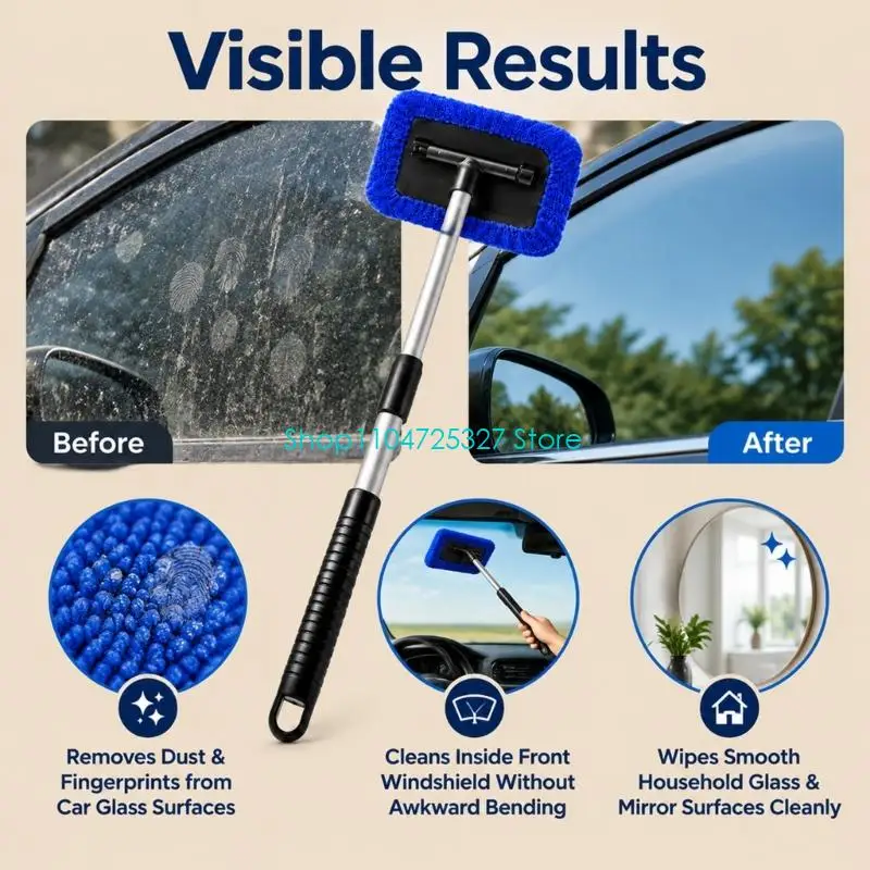 D8KF Telescoping Windshield Cleaning Brush with Aluminum Rod and Removable Microfiber Cloth for Lower Glass, Window Edges, and