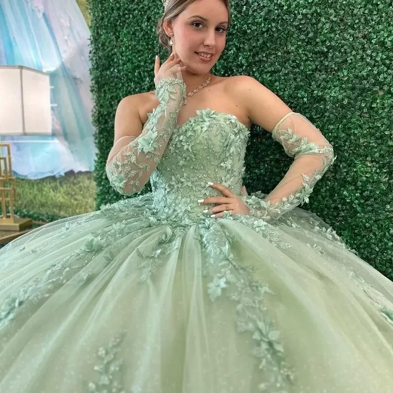 Angelsbridep salvia verde 3D fiori Appliques floreali pizzo abiti Quinceanera abito da ballo di lusso corsetto Vestidos De XV 15 Anos nuovo