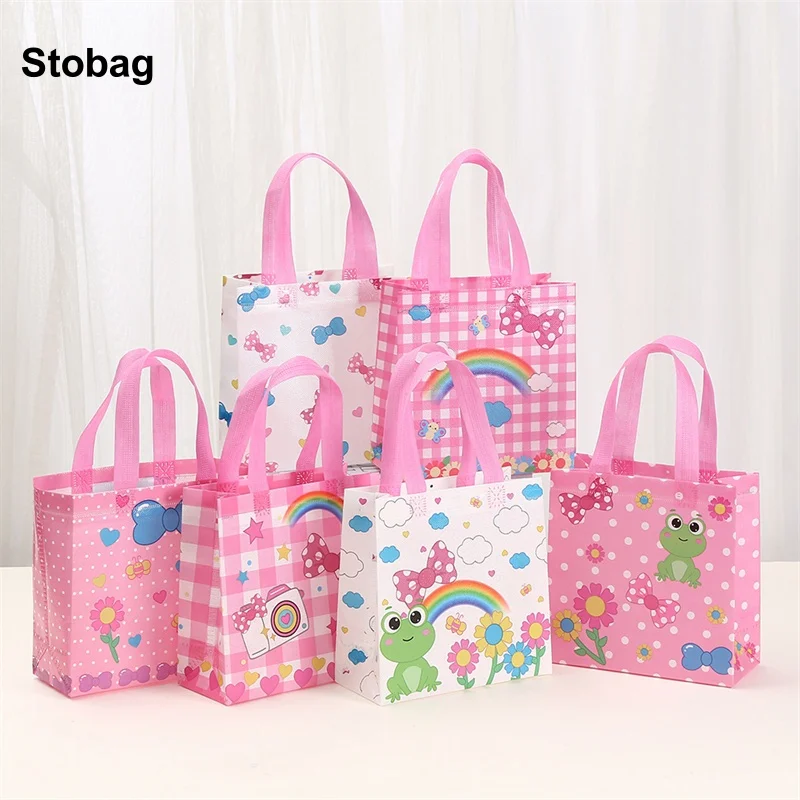 

StoBag 8/20pcs Cartoon Pink Animal Non-woven Tote Bags Girl Kids Gift Package Fabric Waterproof Storage Reusable Pouches Party