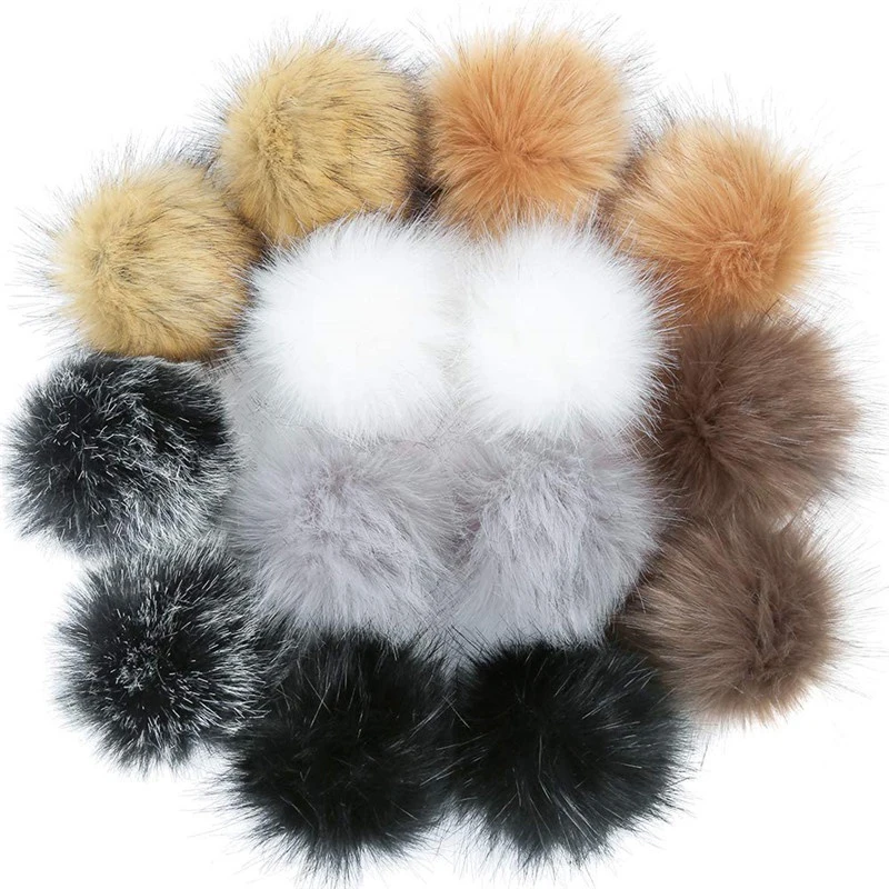 2Pcs 12cm Plush Hair Ball with Snap Button Soft Faux Fox Fur Pompoms DIY Baby Beanie Hats Shoes Crafts Decorative Accessories