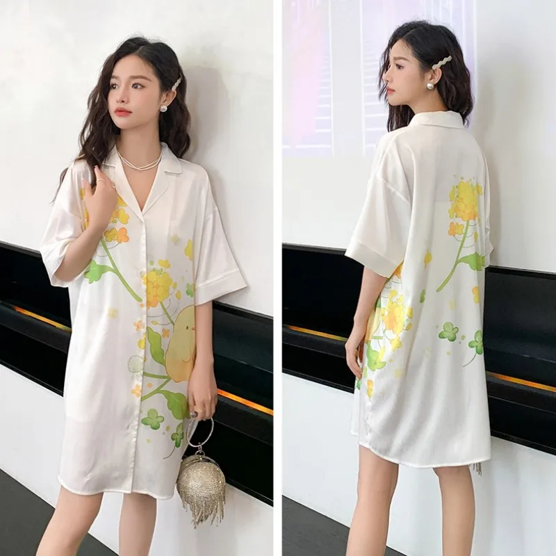 

Women's Summer Leisure Pajamas Large Size Medium Long Skirt Nightgown Sweet Girls Cartoon Cardigan Home Clothes Sleep Dress