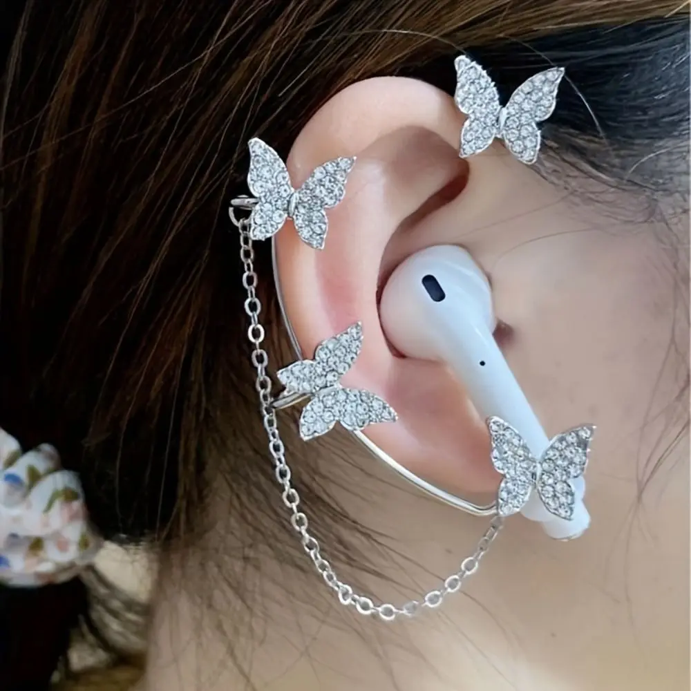 1 pair Snowflake Rhinestone Butterfly Earhook Protection Chain Holder Clips Anti-lost Earphone Chain Universal Ear Decoration