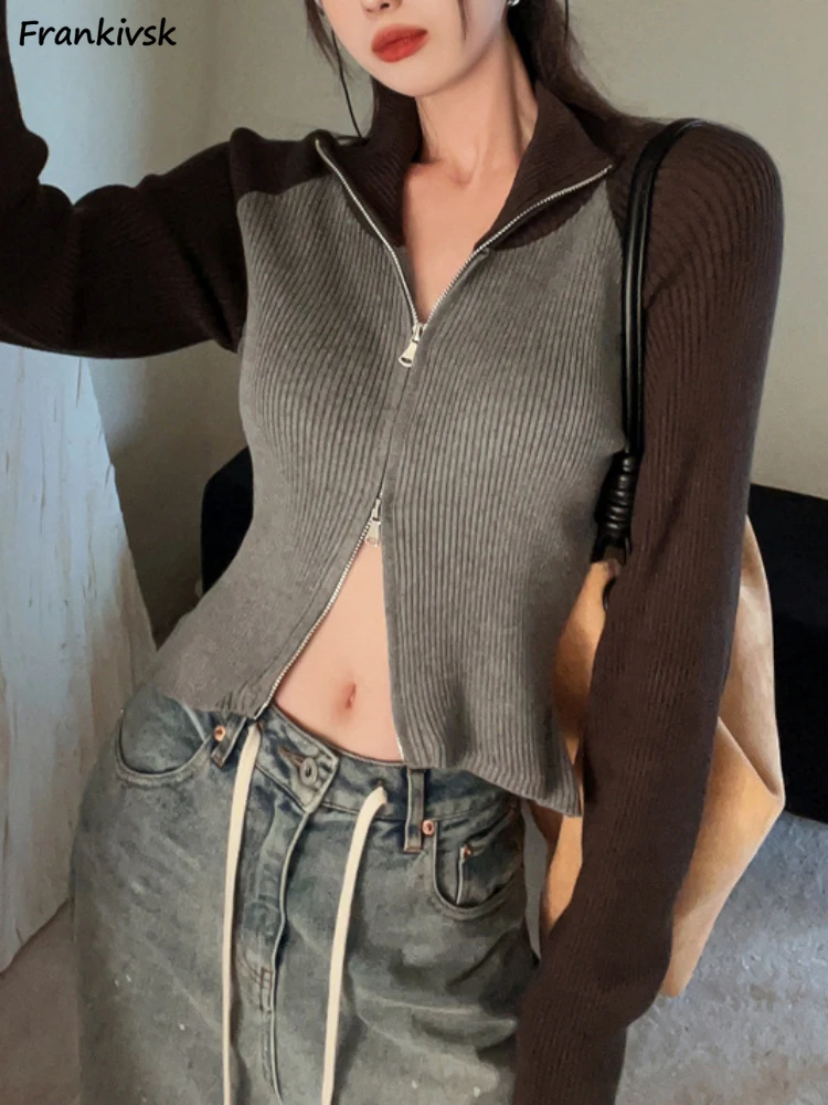 

Cropped Cardigan Women Panelled Retro Autumn American Style Niche Leisure Trendy All-match Streetwear Student Daily Ins Knitwear