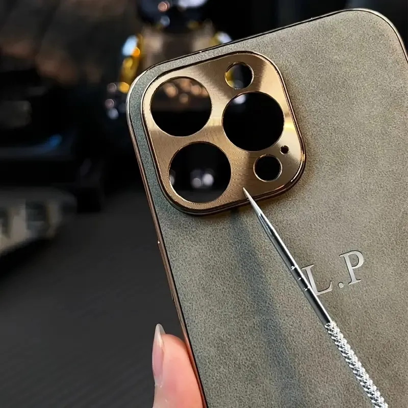 Personalized Customized Initials Name Case For Iphone 11 12 13 14 15 16 Pro Max Plating Electroplated Frame Lambskin Cover