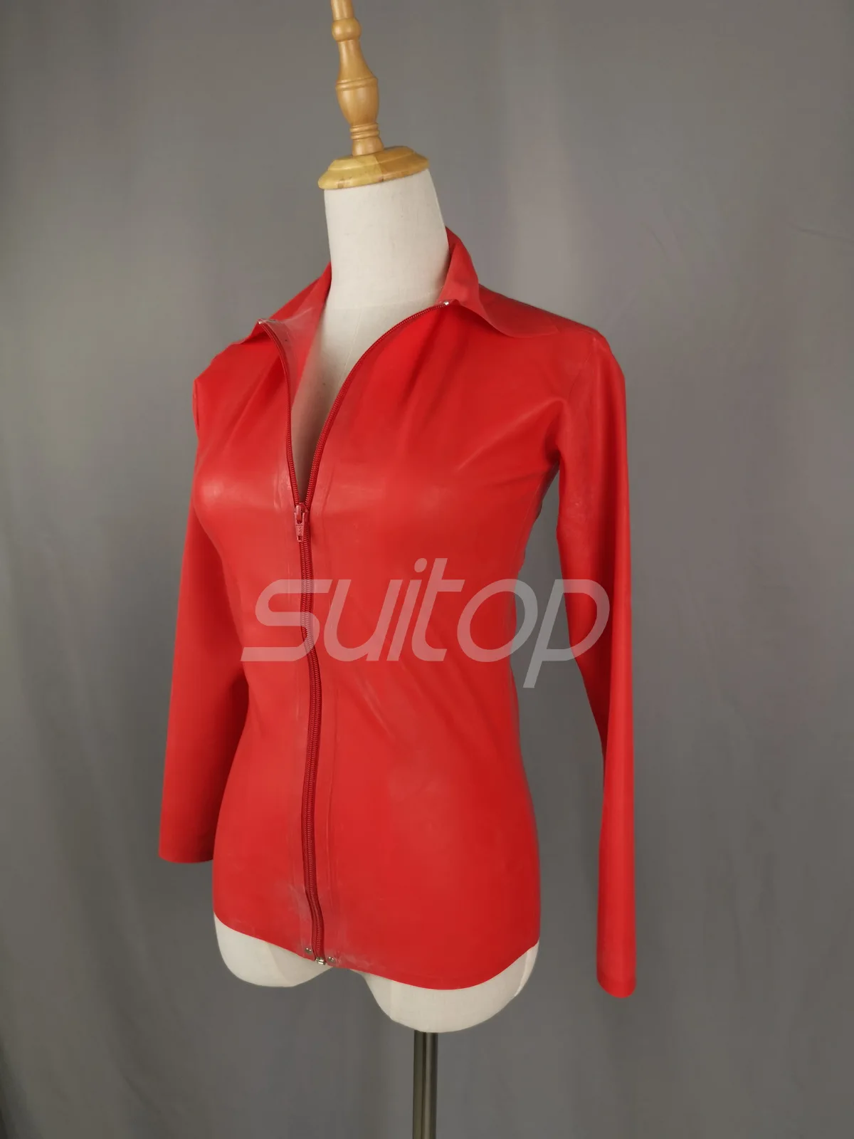 Women' latex top Jacket shirt front zip in red