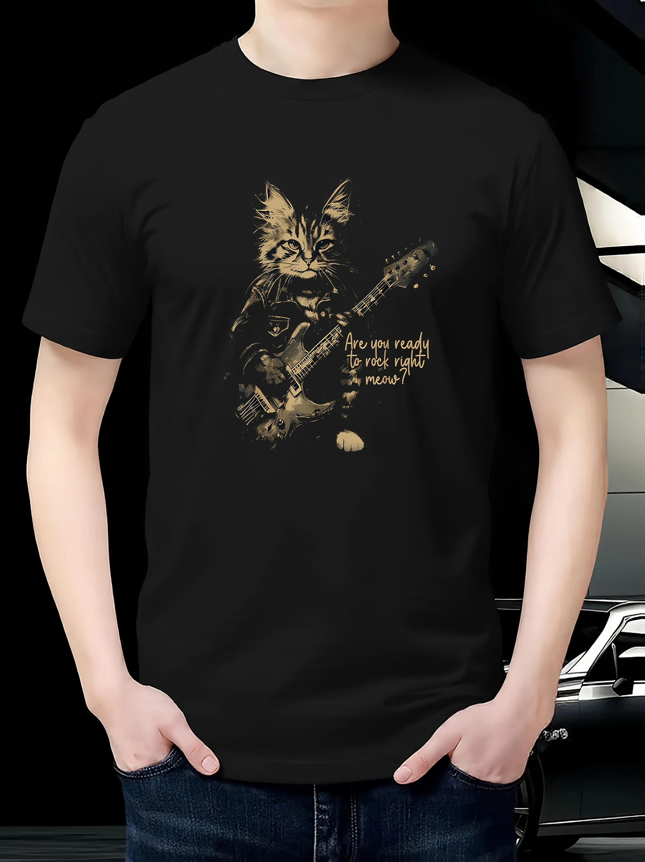 Rock Meow Cat Playing Guitar Graphic Tee For Men Breathable Pure Cotton Short Sleeve T-Shirt