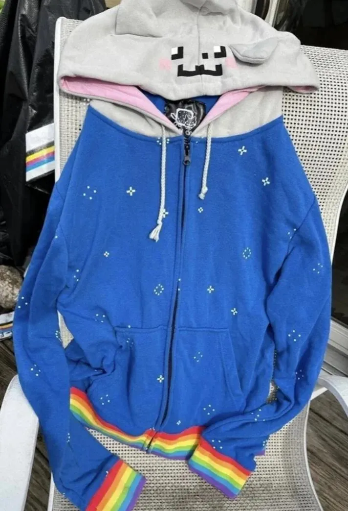 Sudadera con capucha Y2K Streetwear vintage azul arcoíris con orejas de gato, con cremallera, de algodón, estilo urbano, hip hop, informal, unisex.