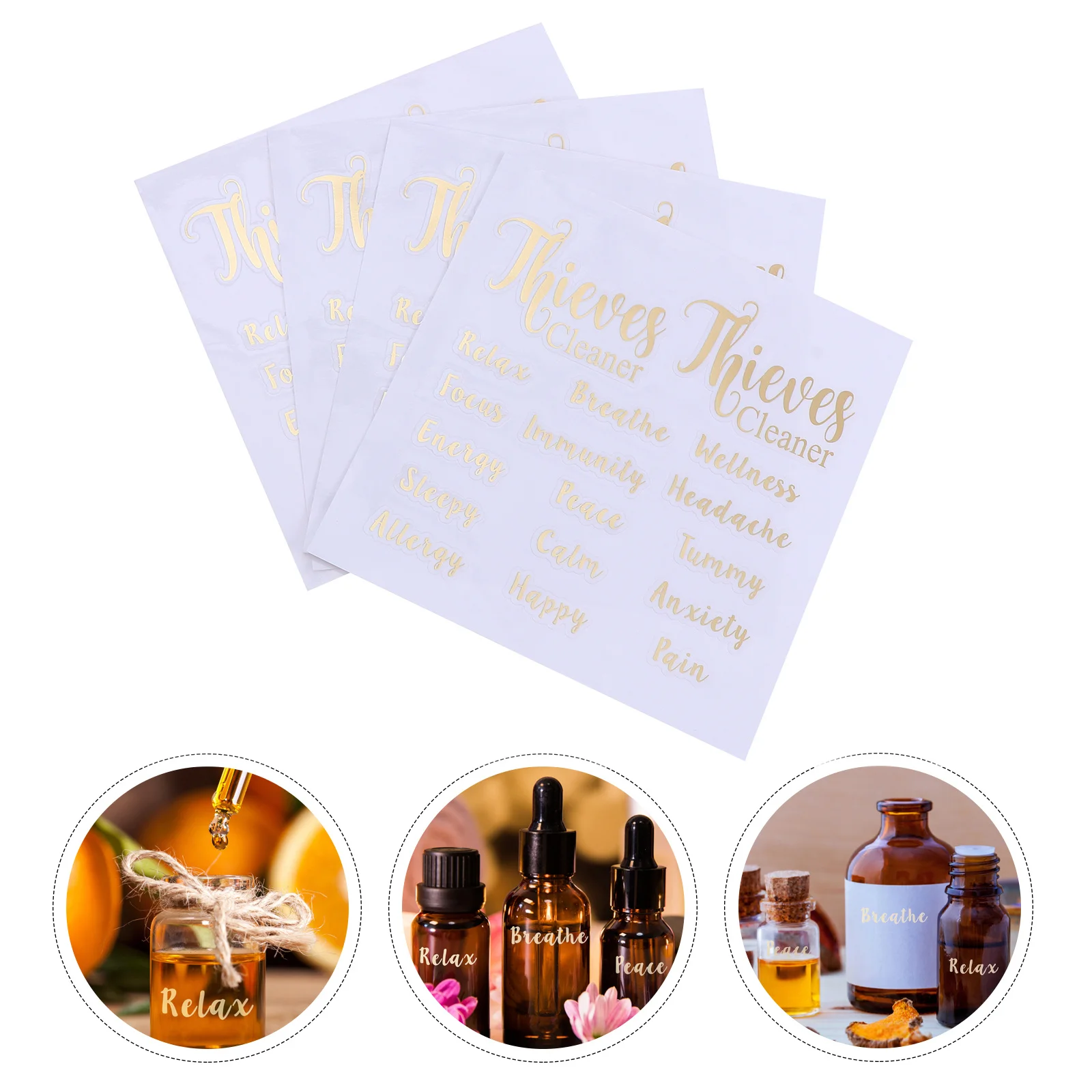 

4 Sheets Gold Letter Stickers Golden Essential Oil Bottle Decal Aromatherapy Containers Label Perfume