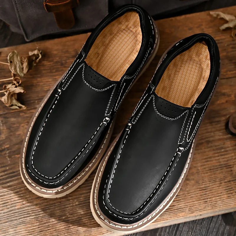 Trendy New Style Men\'s Genuine Leather Shoes Thick Soled Tooling Shoes Men\'s Oxford Shoes Lace Up Business Shoes Outdoor Loafers