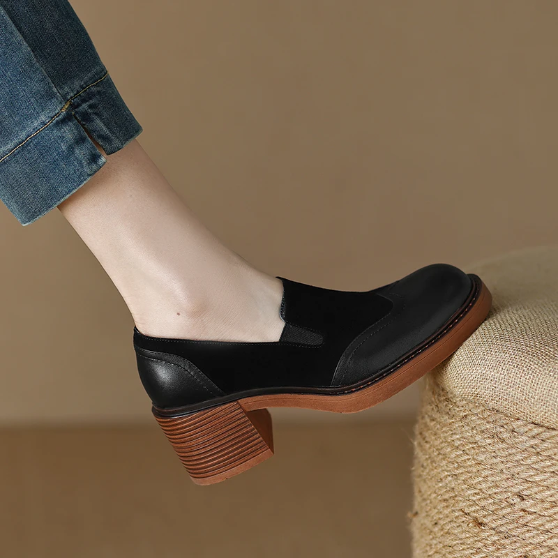 2024 Spring Women Shoes Round Toe Platform Shoes Genuine Leather Casual Thick Heel Women Pumps Handmade Shoes High Heel