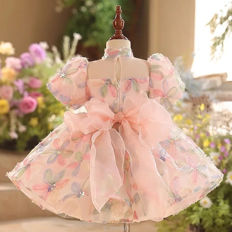 

Платье принцессы на день рождения, первый год, пышное платье, официальная одежда для фортепиано, детский костюм, наряд для записи, детский костюм с цветочным узором для девочек